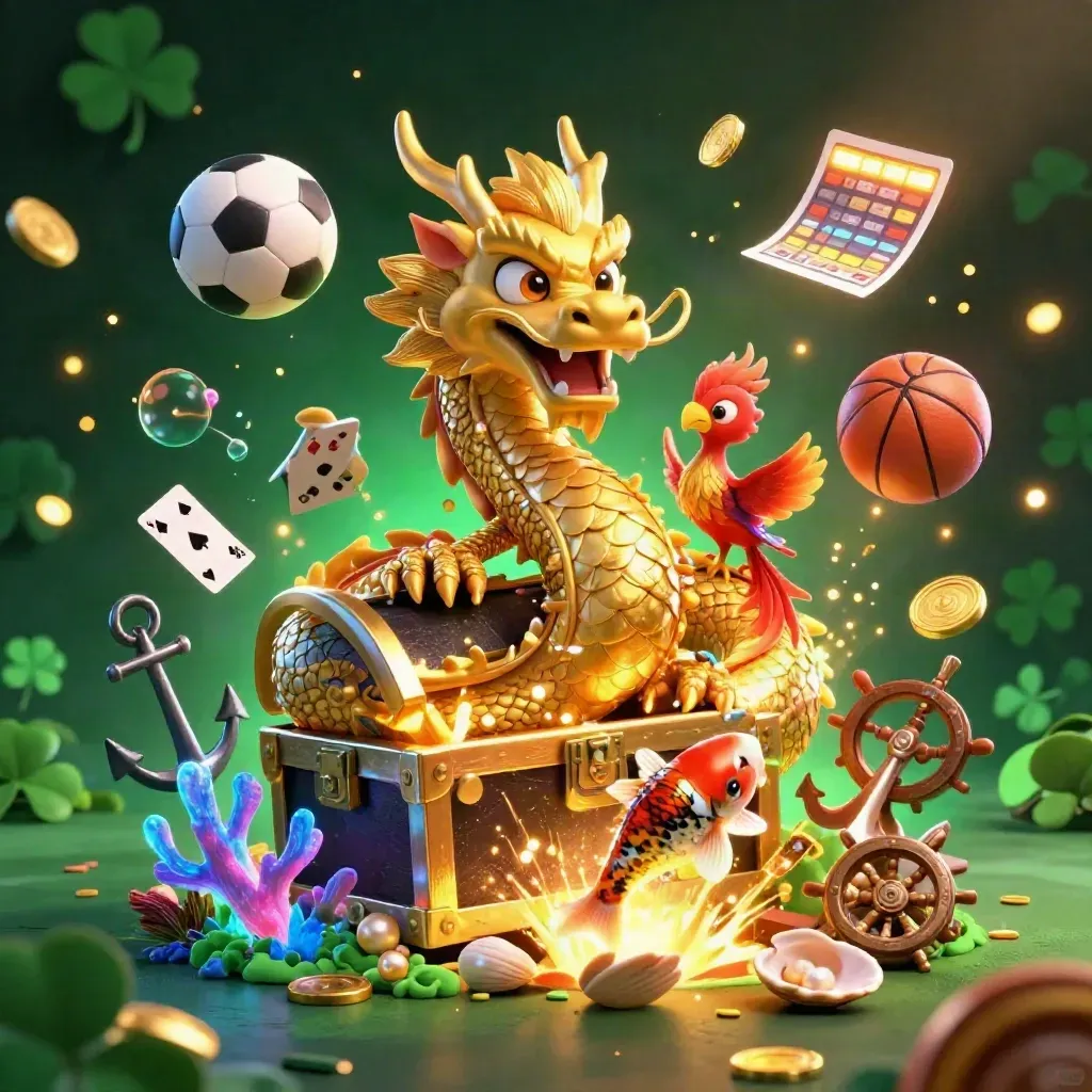 Golden dragon with phoenix, koi, balls, coins, and casino treasure in a neon cave