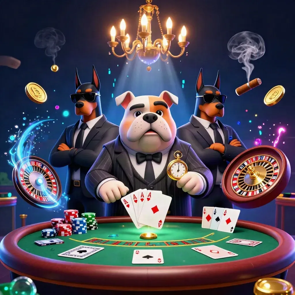 Bulldog boss and Dobermans at a neon casino table amid chips, cards, smoke, and blue energy.