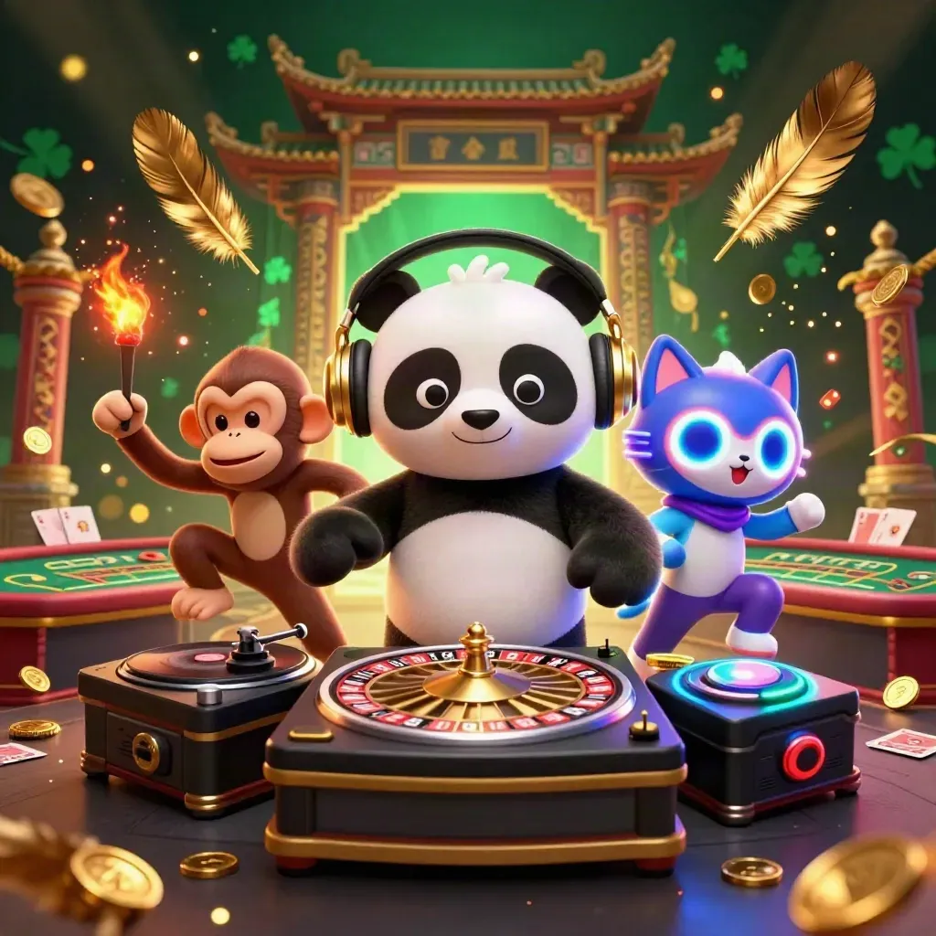 DJ panda, breakdancing monkey, and glow-stick kitten in a neon casino scene.