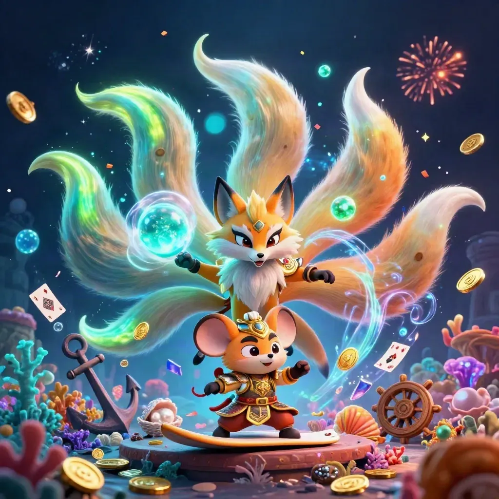 Nine-tailed fox spirit and armored mouse amid treasure, coral, coins, and blue magic