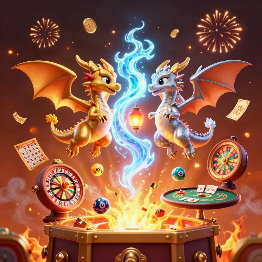 Twin dragons swirl through casino prizes, coins, fireworks, and neon city-night energy.