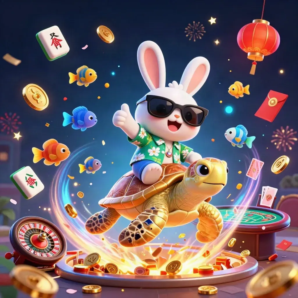 Lucky rabbit rides a gem turtle amid coins, fireworks, and casino symbols.