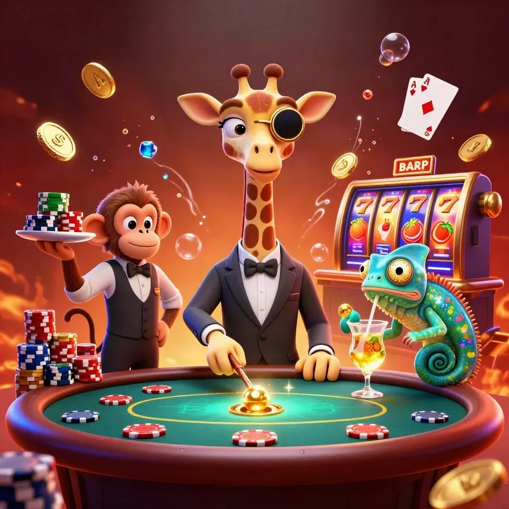 Giraffe, monkey valet, and chameleon bartender amid casino chips, cards, coins, and glowing reels.