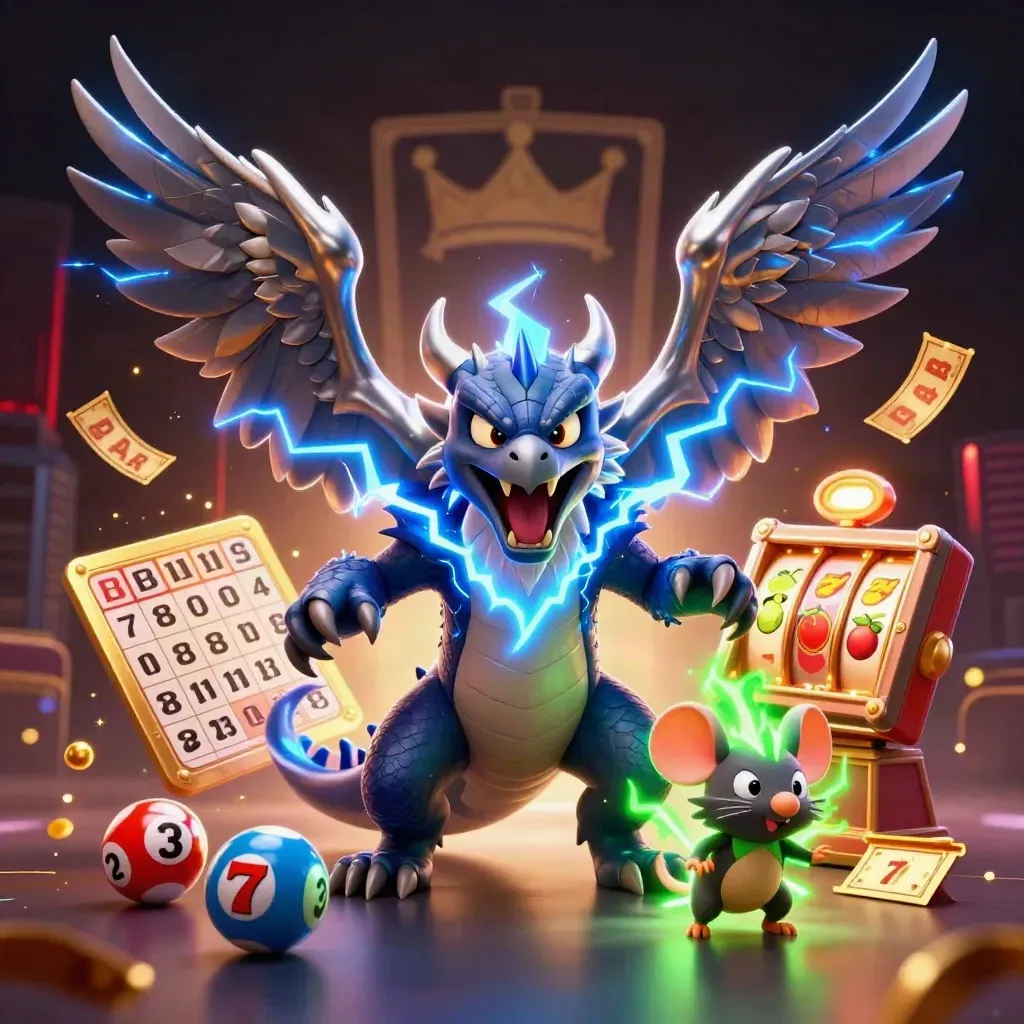 Thunder dragon, wind hawk and static mouse amid casino reels, jackpot glow and city lights.