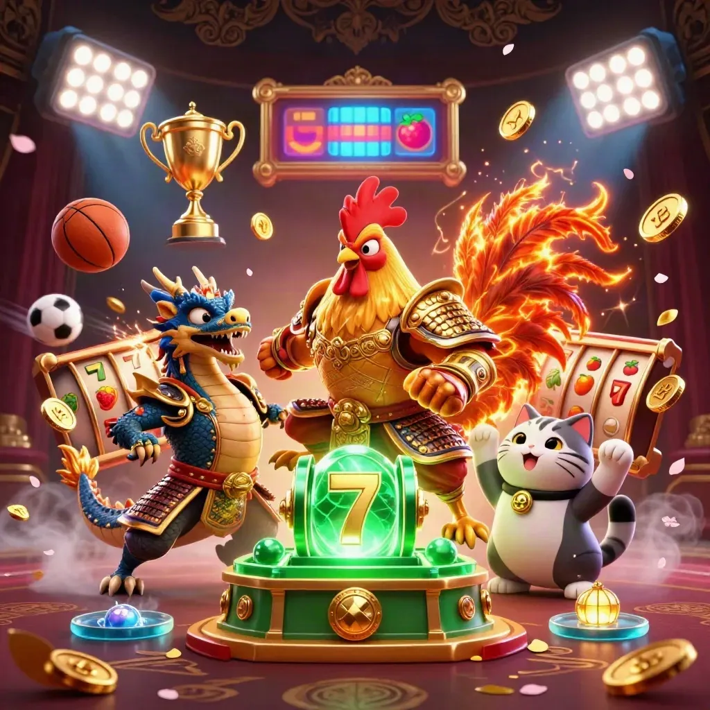 Rooster samurai, spark-breathing hatchling, and cheering fortune-cat amid casino effects.